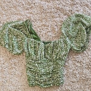 Green Floral Puff Sleeve Top